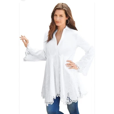 Vestido feminino Roamans branco algodão bordado acabamento de renda manga longa - Imagem 1 de 4