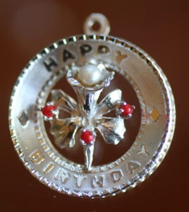 VINTAGE :* M & M STERLING HAPPY BIRTHDAY CHARM/PENDANT WITH RED & WHITE STONES:* - Picture 1 of 8
