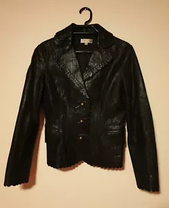 Womens Etam leather jacket size 38 black goatskin frill detail lined beautiful - Picture 1 of 12