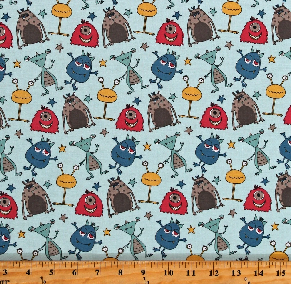 Algodón Aliens Monstruos Estrellas Niños Amigos del Espacio Aqua Tela Estampado por Yarda D680.81 Foto 1 de 1