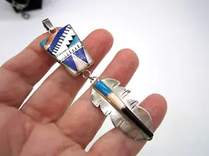 Nachlass Vintage Inlay Sterlingsilber Koralle Türkis Lapis Onyx Hänger Anhänger - Bild 1 von 5