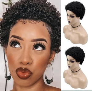 Women Black Human Hair Wig Short Black Pixie Cut Afro Kinky Curly Wigs Glueless - Picture 1 of 12