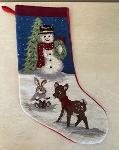 Vintage Hand Stitched Wool NEEDLEPOINT Snowman Deer Christmas STOCKING Velvet - Picture 1 of 7