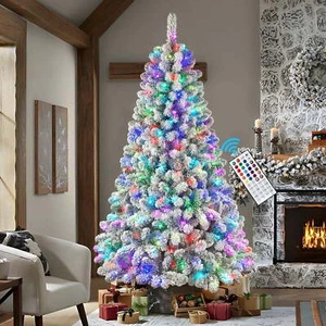 Prelit Snow Flocked Artificial Holiday Christmas Tree + RGB Color-Changing Light - Picture 1 of 24