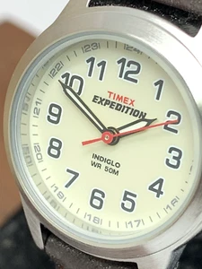 Reloj para mujer Timex T41181 Expedition cuarzo indiglo esfera beige cuero marrón - Imagen 1 de 10