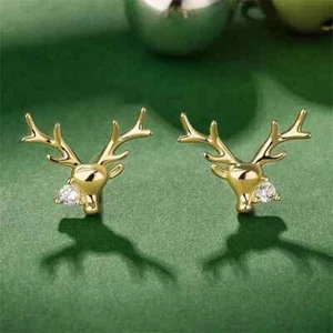 Fancy Deer Stud Earrings 1.02 Ct Round Simulated Diamond 14k Yellow Gold Plated - Picture 1 of 8