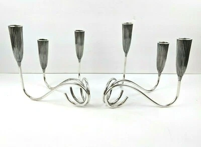 Fabuloso Par Deco MCM Acanalado NAPIER Plateado Triple Luz Candelabros ¡RARO! Foto 1 de 4