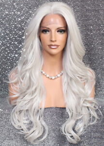 Human Hair Blend Full Lace Front Wig long Beach Wavy Light Grey 25.5" ws 60