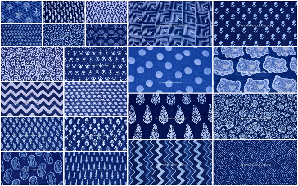 10 Yard Lot Indigo Blue Hand Block Print Indian Fabric Dabu Print Cotton Fabric - image 1 of 1