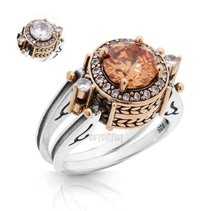 Turkish Reversible Round Honey and White Shiny Topaz 925 Sterling Silver Ring - Picture 1 of 15
