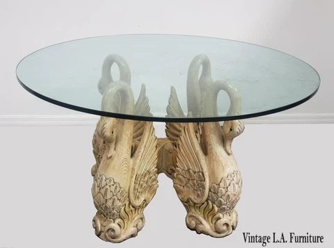 Vintage Swan French Country English Pedestal Dining Room Table Hand Carved Wood Cover
