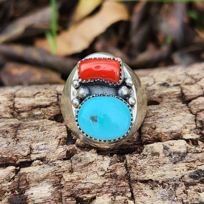 Navajo Handmade turquoise Coral Mens Ring signed Alvin Tolino sterling silver 12 - Image 1 of 4