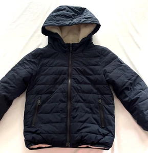 Giacca imbottita ABERCROMBIE bambino blu navy con cappuccio e zip fodera pelliccia sintetica avorio taglia 5-6 - Foto 1 di 6