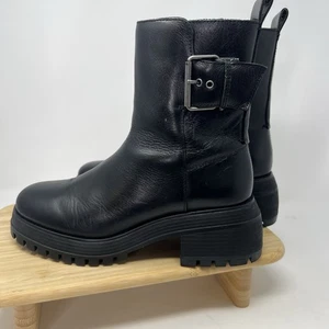 Black Leather Woman’s 9 Chunky Combat Moto Platform Boots Y2k Franco Sarto - Picture 1 of 16