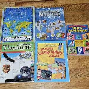 LOT of 5 Children's Books ~ 3 Atlas World Maps Books + 1 Almanac + 1 Thesaurus - Picture 1 of 17
