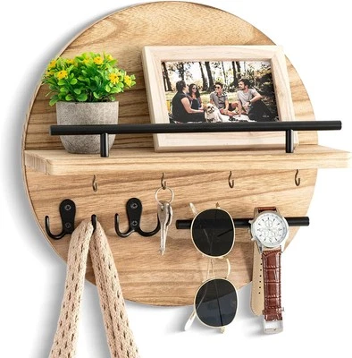 Key Holder for Wall Decorative with Shelf and Hooks, Mail Light Brown  - Image 1 of 4