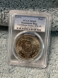 1974 Dominican Republic Silver Peso Caribbean Games PCGS MS 69 - Picture 1 of 2