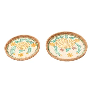 (Peony Pattern) Woven Serving Tray Round Large Capacity Snack Serving Tray - Picture 1 of 12