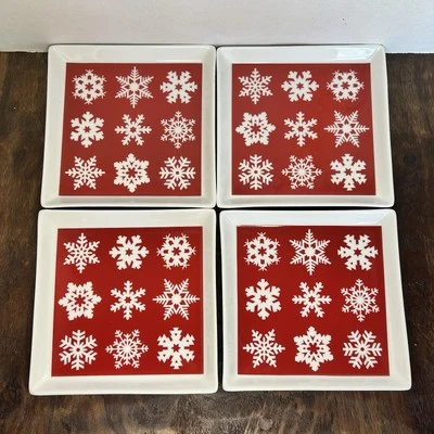 Crate & Barrel 6” Square Snowflake Plates Set 4 Red White Dessert Appetizer  - Image 1 of 4