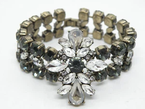 Elegant Gray Crystal Rhinestone Flower Floral Brass Tone Women Bangle Bracelet - Picture 1 of 8