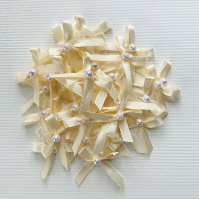 Cream Color Half Pearl Pasted Hand Tied 50 Mini Bows 6mm Stain Ribbon Crafting - Image 1 of 4