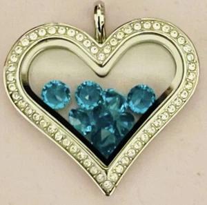 Origami Owl Large Silver Crystal Heart Locket With Teal Blue Crystal Charms - Picture 1 of 1