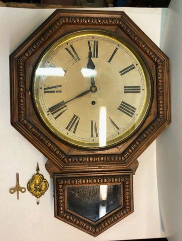 ANTIQUE WATERBURY OCTAGON SCHOOLHOUSE SHORT DROP WALL CLOCK W/ KEY REGULATOR Cover