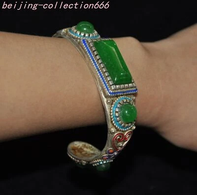 Antiguo anillo de joyería de mano pulsera Cloisonne de piedras preciosas verdes con incrustaciones de plata tibetana Foto 1 de 4