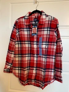 Gap Women’s Flannel Shirt L Large Red Black White Plaid Boyfriend Button Up New - Picture 1 of 5