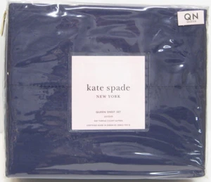 Kate Spade 4-teiliges Baumwollsatin Lakenset Weston Hohlsaum Marineblau Queen - NEU - Bild 1 von 1