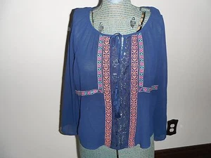 Womens FLYING TOMATO Sz M Navy Sheer Peasant Style Blouse NIP - Picture 1 of 3