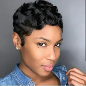 Real Human Hair Wigs Pixie Wigs Pixie Cut Short Layered Wave Wigs for Women - Picture 1 of 12