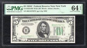 FR. 1959-BW 1934-C $5 FRN FEDERAL RESERVE NOTE NEW YORK, NY PMG UNC-64EPQ (C) - Picture 1 of 2