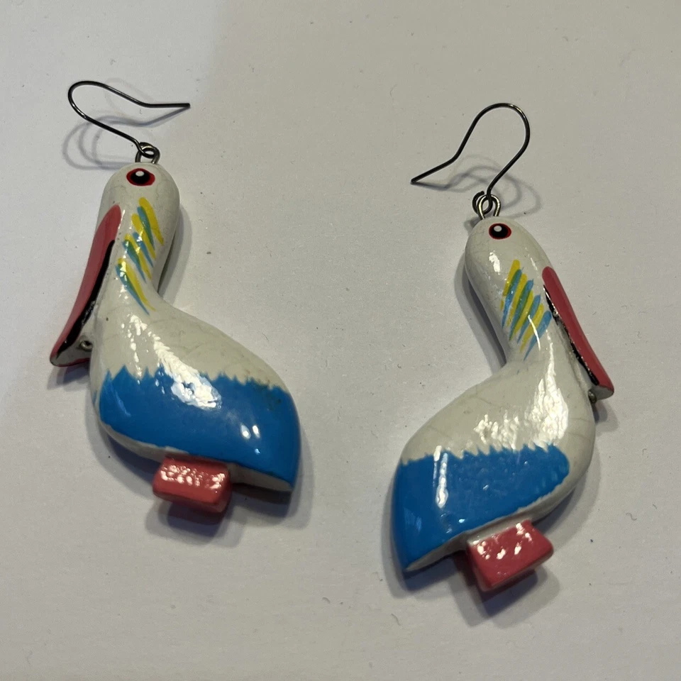 Wood Pelican Earrings Statement Jewelry Bird - Image 1 of 3