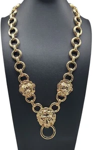Kenneth Jay Lane Triple Lion Door Knocker Necklace Gold Plated Round Link 21"  - Picture 1 of 16
