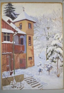 FRITZ VOIROL (SVIZZERO 1887-1928) DIPINTO A GUAZZO SCENA INVERNALE ~ 14,5"X20,5" SENZA CORNICE - Foto 1 di 2