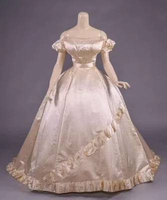 1855s Off Shoulder Wedding Dress Historical Reenactment Princess Sissi Costume - Image 1 of 4
