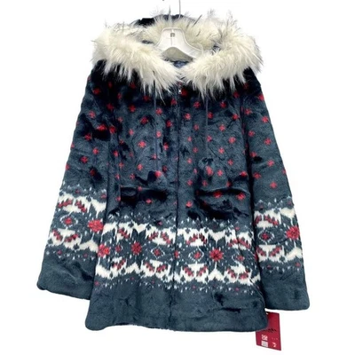 NUEVO CON ETIQUETAS Mujer BLACK MOUNTAIN Verde y Rojo Fair Isle Pom Imitación Piel Abrigo Chaqueta Talla S Foto 1 de 4