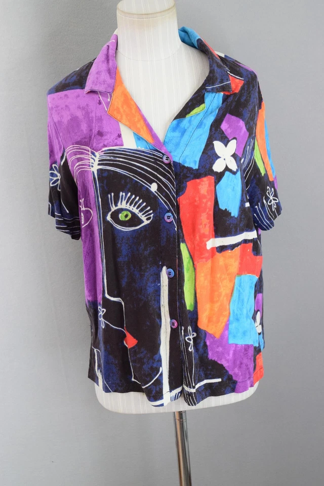 Vintage Jams World Shirt Womens Medium Abstract Art Face Button Up 90s - Imagem 1 de 4