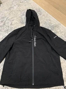 Calvin Klein Black Logo Mens Windbreaker Jacket Raincoat Hooded Hood - Picture 1 of 7