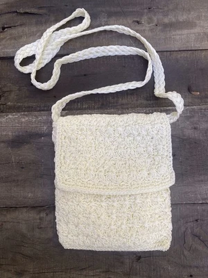 Vintage 90s Crochet Shoulder Strap Bag Purse Cream White Knit Kangaroo Pouch - Image 1 of 4