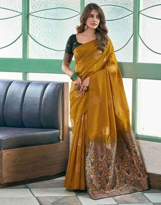 Yellow Saree Bollywood Wedding New Design, Customized Blouse Design Party Saree - Image 1 of 4