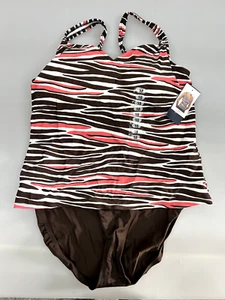 New Jantzen Size 18 Brown White Peach Striped Two Piece Swim Bathing Suit Suit - Picture 1 of 2