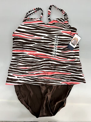 Nuevo Traje de Baño Jantzen Talla 18 Marrón Blanco Melocotón Rayas Dos Piezas Foto 1 de 2