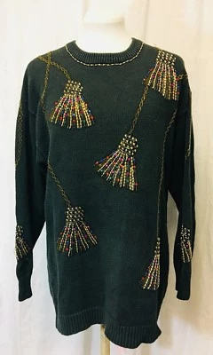 Suéter vintage 1980 para mujer talla grande 38 verde oscuro con borlas y cuentas Foto 1 de 4