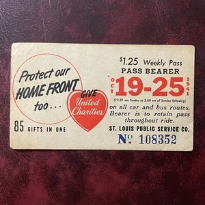 1941 ST. LOUIS PUBLIC SERVICE WEEKLY CAR & BUS PASS October 19-25 #108352 VG-EX - Picture 1 of 2