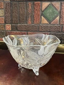 Crystal Frosted Bowl Fifth Avenue Etched Tulips Footed Made In Poland - Picture 1 of 4