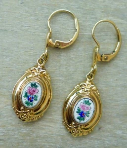 BIEDERMEIER Ohrringe Ohrhänger mit Miniaturmalerei in 333/ 8 K Gold (Stempel) - Bild 1 von 5