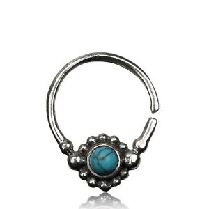 TRIBAL 16G TURQUOISE STERLING SILVER HANGING SEPTUM 9MM RING NOSE AFGHAN HELIX