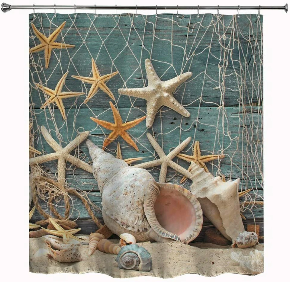 Beach Shower Curtain Seashell Theme Starfish Shell Waterproof Fabric Bathroom - Image 1 of 4